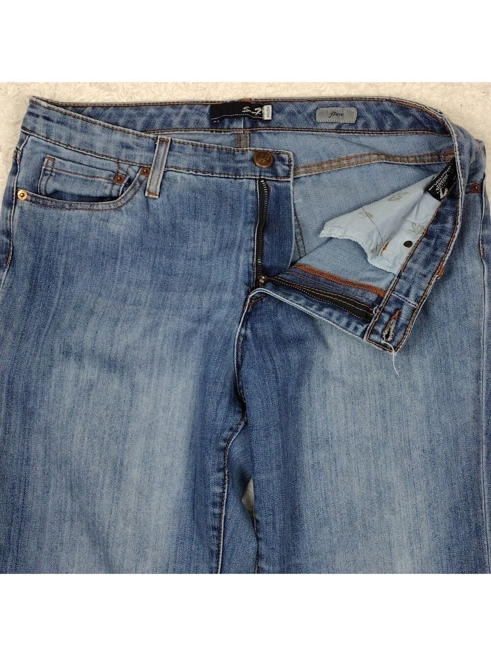 Seven7 Studio Blue Medium Wash Embroidered Five Pocket High Rise Flare Leg Jean - Picture 6 of 16